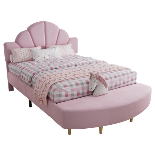 Lit Enfant 140x200 Cm En Velours Rose Avec Banquette Assortie, Sommier à Lattes