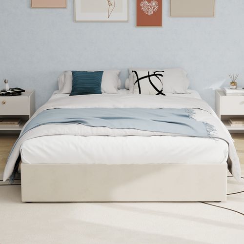 Lit Coffre 160x200 Cm 2 Places, Velours Hollandais Beige Et Métal, Rangement Et Sommier à Lattes