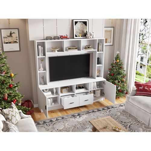 Meuble TV Blanc 180 X 35 X 170 Cm Avec 2 Armoires, 2 Tiroirs Et 11 Niches, Rangements Murals