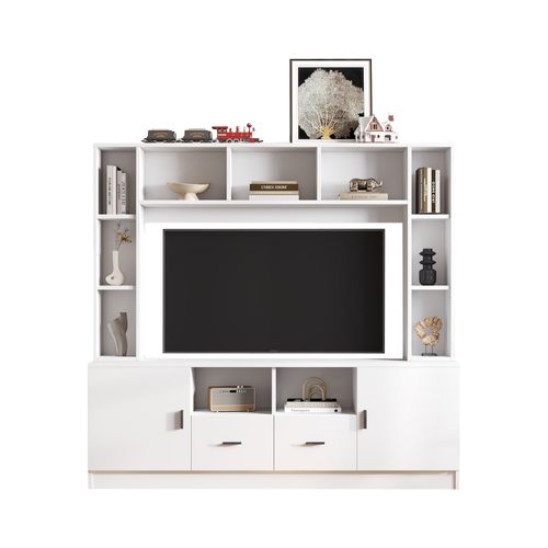 Meuble TV Blanc 180 X 35 X 170 Cm Avec 2 Armoires, 2 Tiroirs Et 11 Niches, Rangements Murals