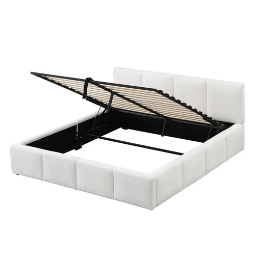 Lit Coffre 180x200 Cm, Rangement Hydraulique, Tête De Lit Doux En Tissu Bouclé Beige