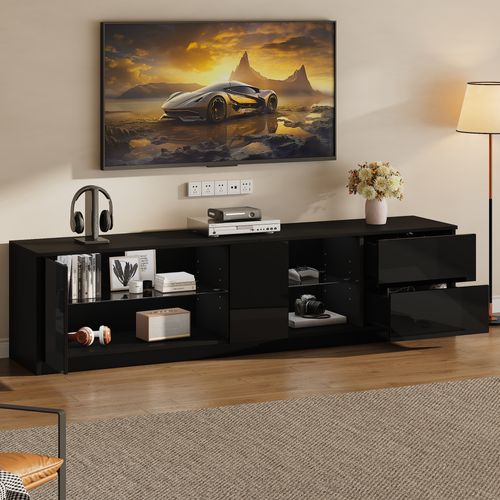 Meuble TV LED 160 Cm Pour TV 65", Laqué Brillant Noir, Avec 2 Tiroirs Et Porte, Étagères En Verre
