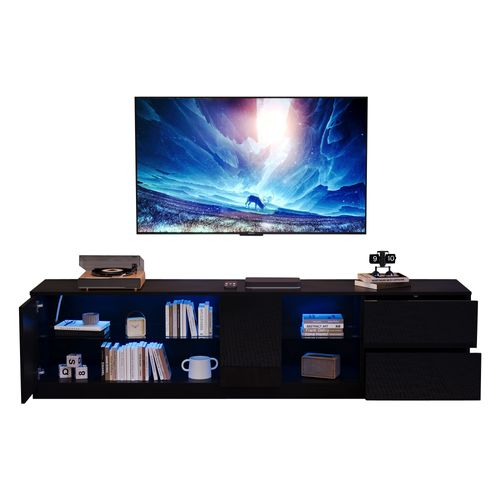 Meuble TV LED 160 Cm Pour TV 65", Laqué Brillant Noir, Avec 2 Tiroirs Et Porte, Étagères En Verre
