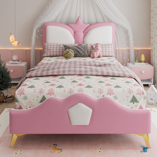 Lit Enfant 90x200 Cm Tête Couronne, Rose Et Blanc, Cadre Métal, Avec Sommier à Lattes