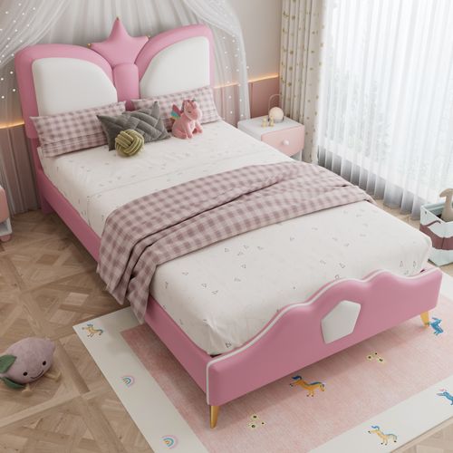 Lit Enfant 90x200 Cm Tête Couronne, Rose Et Blanc, Cadre Métal, Avec Sommier à Lattes