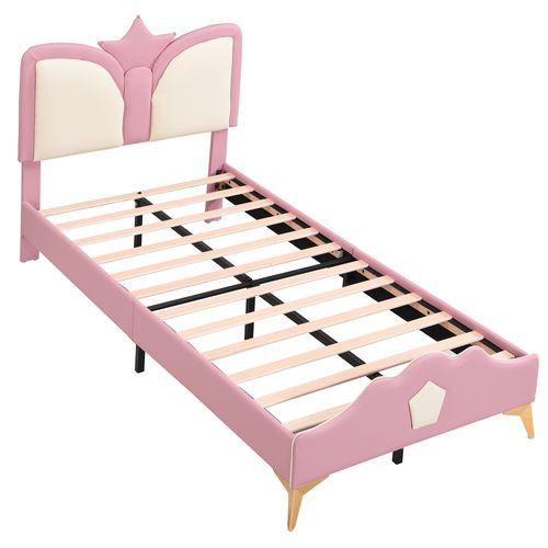 Lit Enfant 90x200 Cm Tête Couronne, Rose Et Blanc, Cadre Métal, Avec Sommier à Lattes