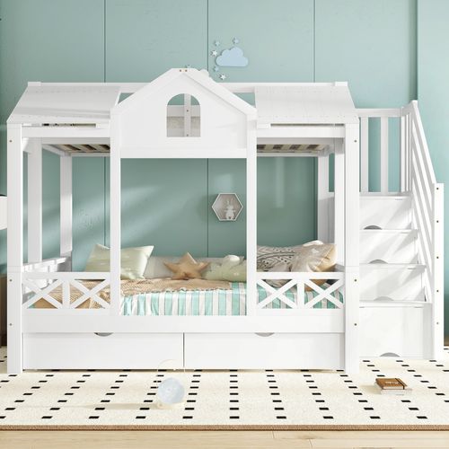 Lit Superposé 90x200 Cm / 140x200 Cm Cabane Avec 2 Tiroirs Et Escalier à Ranngement, Bois Blanc