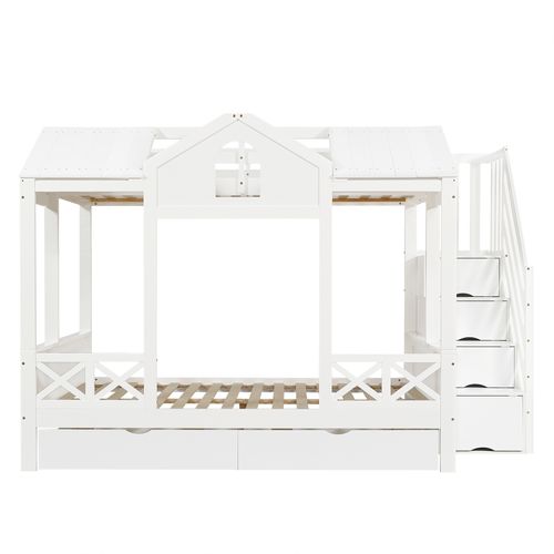 Lit Superposé 90x200 Cm / 140x200 Cm Cabane Avec 2 Tiroirs Et Escalier à Ranngement, Bois Blanc
