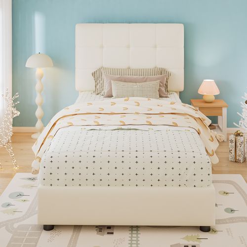 Lit Enfant 90x200 Cm En Pu, Tête En Biscuit Beige, Bois Et Métal, Sommier à Lattes