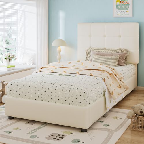 Lit Enfant 90x200 Cm En Pu, Tête En Biscuit Beige, Bois Et Métal, Sommier à Lattes