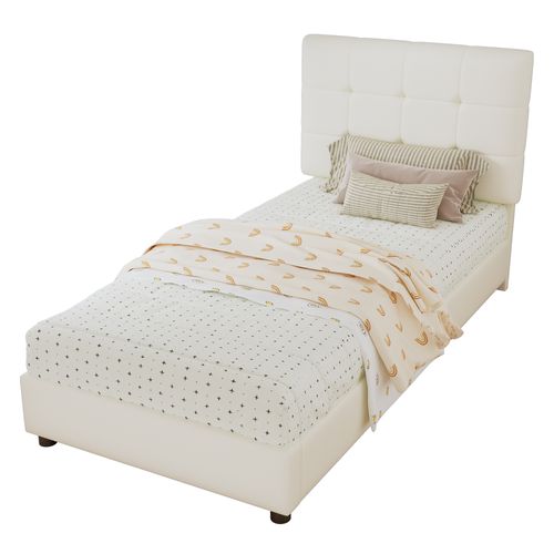 Lit Enfant 90x200 Cm En Pu, Tête En Biscuit Beige, Bois Et Métal, Sommier à Lattes