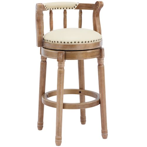 Tabouret De Bar Pivotant H. Assie 75 Cm En Cuir Véritable Et Bois Blanc Ivoire, Style Vintage