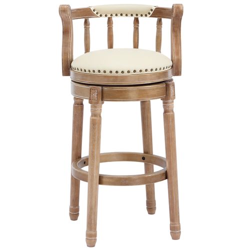 Tabouret De Bar Pivotant H. Assie 75 Cm En Cuir Véritable Et Bois Blanc Ivoire, Style Vintage
