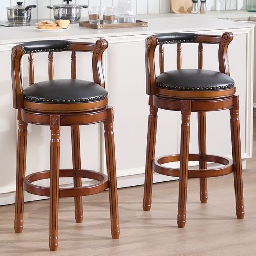 Tabouret De Bar Pivotant 360° - Assise Cuir Noir, Cadre Bois Brun, H. Assise 75cm, Style Vintage
