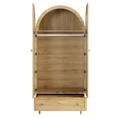 Armoire Effet Bois De Chêne H.175cm, 2 Portes En Tissu, Tiroir Et Étagère, Grande Penderie