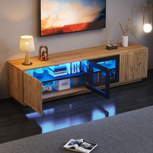 Meuble TV LED Bois Naturel Et Noir 180x40x45 Cm, 4 Portes (2 En Verre), Rangement Salon