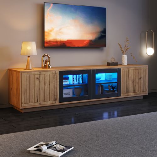 Meuble TV LED Bois Naturel Et Noir 180x40x45 Cm, 4 Portes (2 En Verre), Rangement Salon