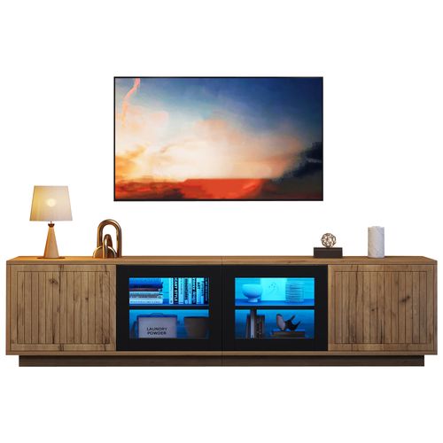 Meuble TV LED Bois Naturel Et Noir 180x40x45 Cm, 4 Portes (2 En Verre), Rangement Salon