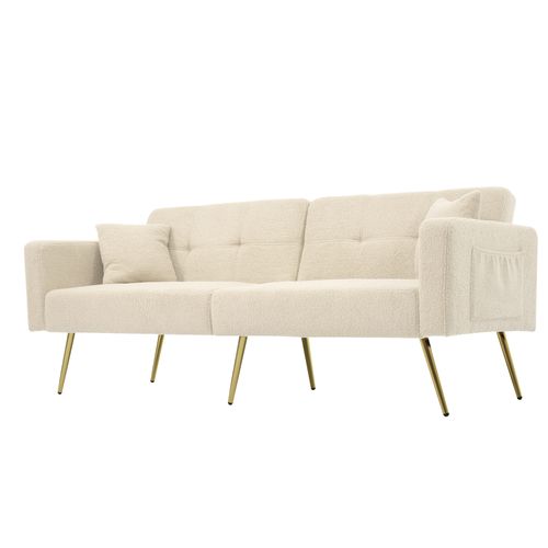 Canapé Convertible 2 Places 175x64 Cm, Tissu Bouclé Beige, Dossier Inclinable, 2 Poches Latérales