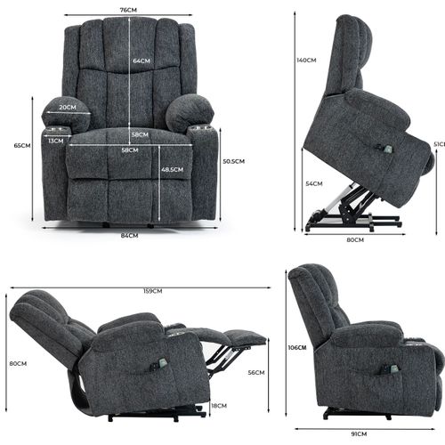 Fauteuil Relax Électrique Massage Chauffant, Tissu Gris Foncé, Avec Porte-gobelets