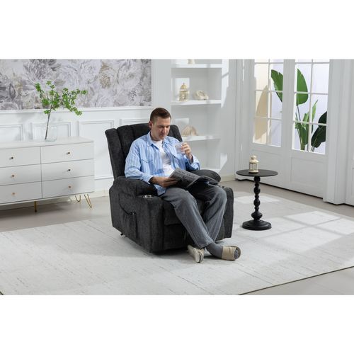 Fauteuil Relax Électrique Massage Chauffant, Tissu Gris Foncé, Avec Porte-gobelets