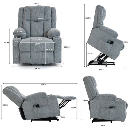 Fauteuil Relax Électrique Massage Chauffant, Velours Gris Clair, Avec Porte-gobelets