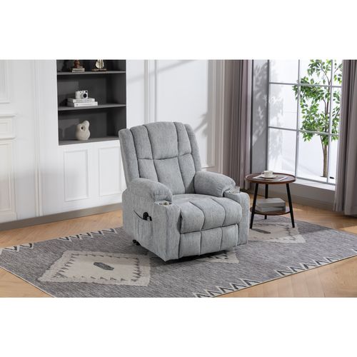 Fauteuil Relax Électrique Massage Chauffant, Velours Gris Clair, Avec Porte-gobelets