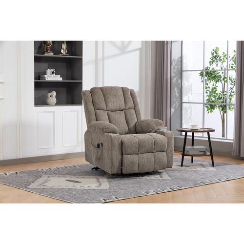 Fauteuil Relax Électrique Massage Chauffant, Tissu Brun Clair, Avec Porte-gobelets