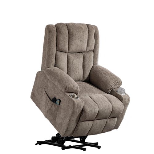 Fauteuil Relax Électrique Massage Chauffant, Velours Brun Clair, Avec Porte-gobelets
