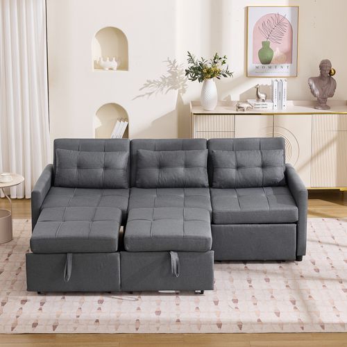 Canapé Convertible 3 Places 215 X 87 X 84,5 Cm Avec Poches, Tissu Gris