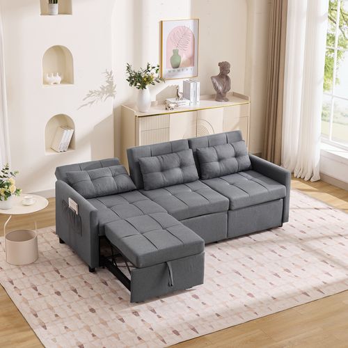 Canapé Convertible 3 Places 215 X 87 X 84,5 Cm Avec Poches, Tissu Gris