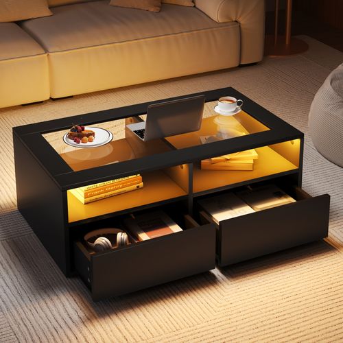 Table Basse Pour Salon LED 100x50x35 Cm En Verre Noir, 2 Tiroirs Et Niches Ouvertes