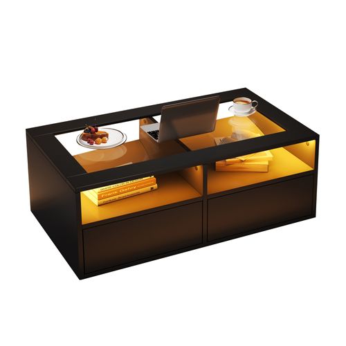 Table Basse Pour Salon LED 100x50x35 Cm En Verre Noir, 2 Tiroirs Et Niches Ouvertes