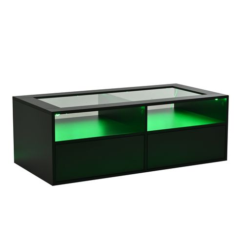 Table Basse Pour Salon LED 100x50x35 Cm En Verre Noir, 2 Tiroirs Et Niches Ouvertes