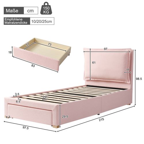 Lit Enfant 90x200 Cm En Tissu Chenille Rose Avec Tiroir De Rangement, Sommier à Lattes, Tête De Lit