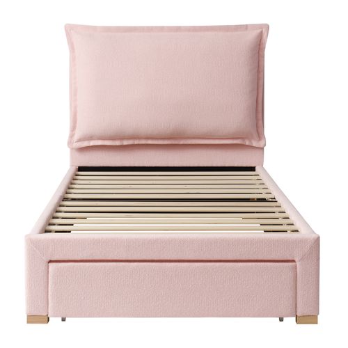 Lit Enfant 90x200 Cm En Tissu Chenille Rose Avec Tiroir De Rangement, Sommier à Lattes, Tête De Lit