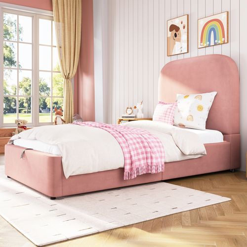 Lit Enfant Coffre 90x200 Cm Avec Grand Rangement Et Sommier à Lattes, Tête De Lit En Velours Rose