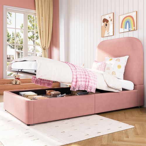 Lit Enfant Coffre 90x200 Cm Avec Grand Rangement Et Sommier à Lattes, Tête De Lit En Velours Rose