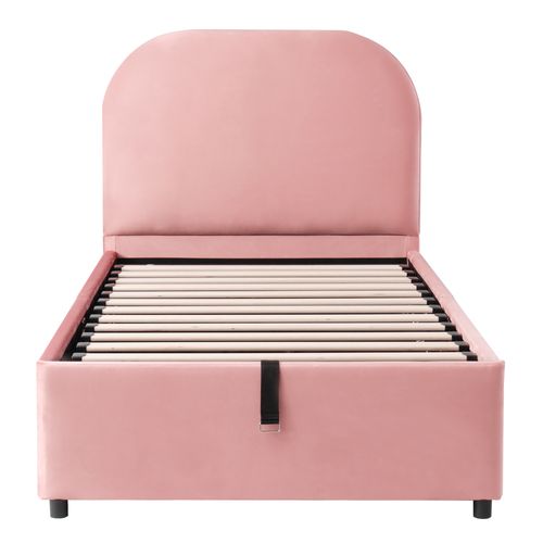 Lit Enfant Coffre 90x200 Cm Avec Grand Rangement Et Sommier à Lattes, Tête De Lit En Velours Rose