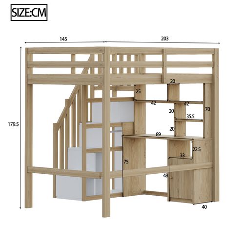 Lit Mezzanine Enfant 90x200 Cm Avec Bureau Intégré Et Rangements, Bois Naturel