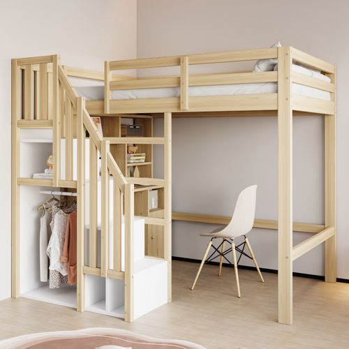 Lit Mezzanine Enfant 90x200 Cm Avec Bureau Intégré Et Rangements, Bois Naturel