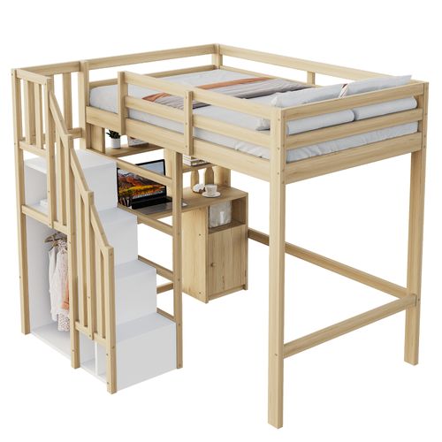Lit Mezzanine Enfant 90x200 Cm Avec Bureau Intégré Et Rangements, Bois Naturel