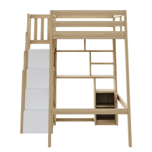 Lit Mezzanine Enfant 90x200 Cm Avec Bureau Intégré Et Rangements, Bois Naturel