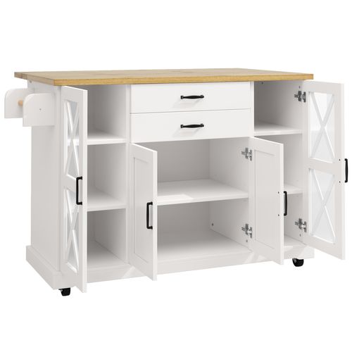 Desserte De Cuisine Blanche à Roulettes, 4 Portes (2 Vitrées) Et 2 Tiroirs, Effet Bois, Métal