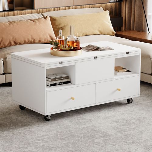 Table Basse Relevable Extensible à Manger Blanche, Plateau Pliant, 4 Tiroirs, Roulettes Pour Salon