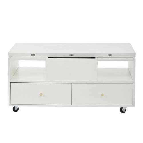 Table Basse Relevable Extensible à Manger Blanche, Plateau Pliant, 4 Tiroirs, Roulettes Pour Salon
