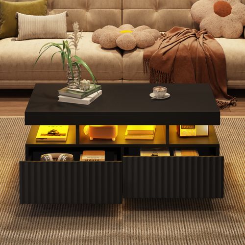 Table Basse 100 X 50 X 45 Cm Avec 2 Tiroirs, LED Intégrée, Noir, Design à Rainures