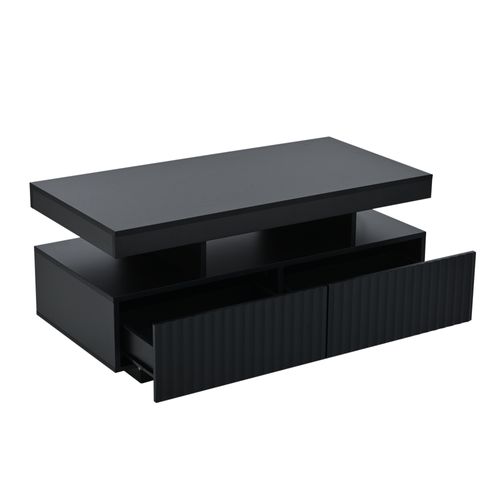 Table Basse 100 X 50 X 45 Cm Avec 2 Tiroirs, LED Intégrée, Noir, Design à Rainures