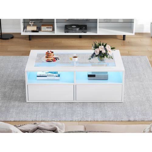 Table Basse Salon 100x50x35 Cm, Verre Blanc, Avec LED, 2 Tiroirs Et 2 Niveaux,