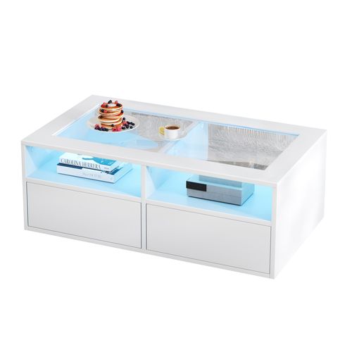 Table Basse Salon 100x50x35 Cm, Verre Blanc, Avec LED, 2 Tiroirs Et 2 Niveaux,